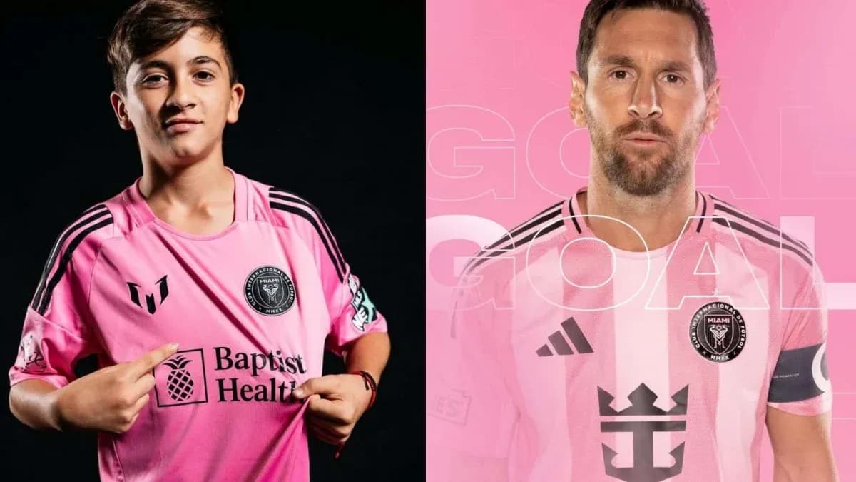 Niño y jugador en camisetas del Inter Miami Niño y jugador en camisetas del Inter Miami