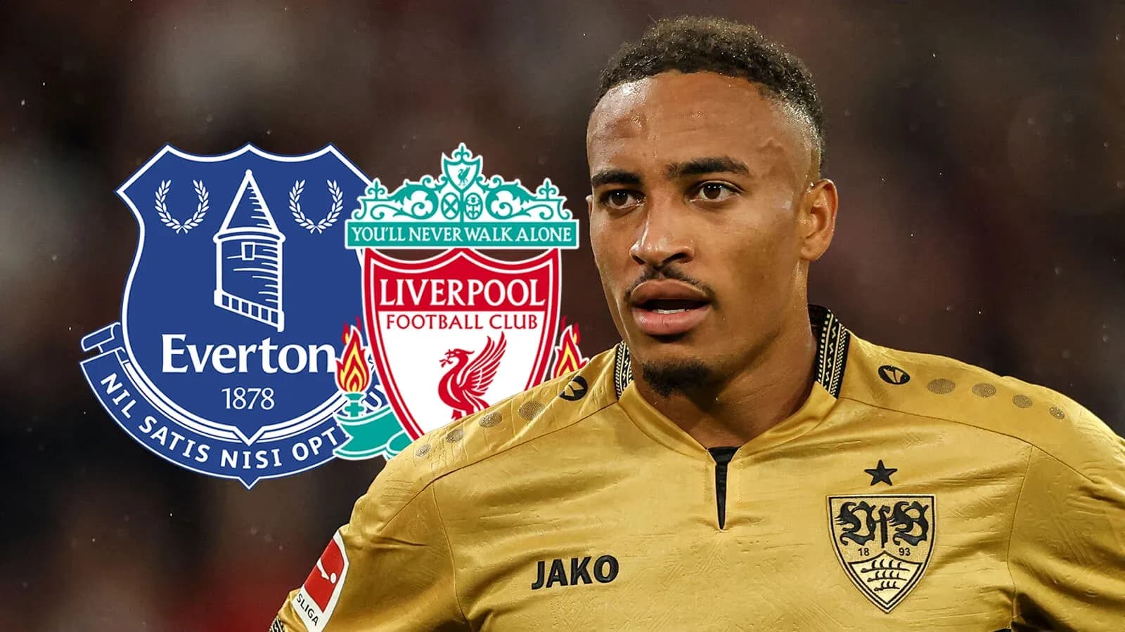 Jugador con camisetas de Everton y Liverpool de fondo Jugador con camisetas de Everton y Liverpool de fondo