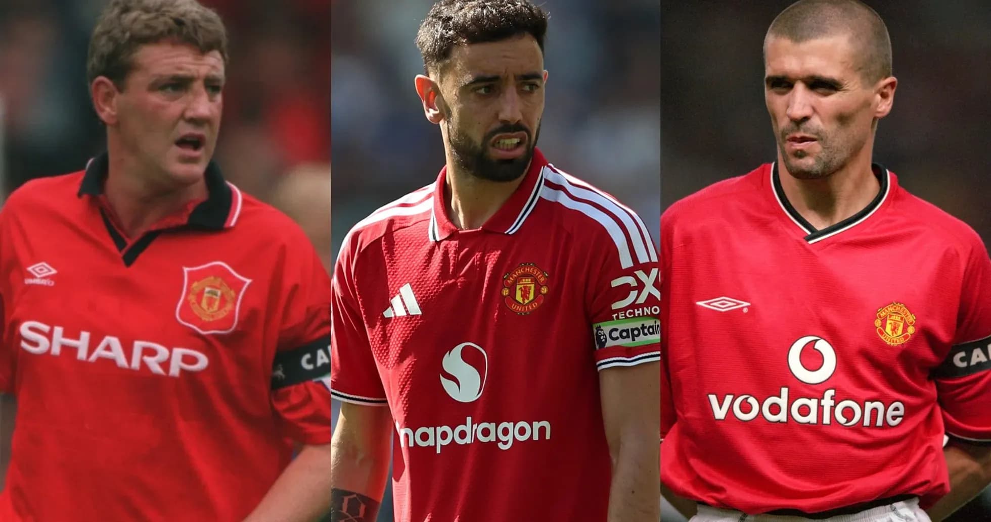Tres jugadores de Manchester United en uniforme rojo Tres jugadores de Manchester United en uniforme rojo