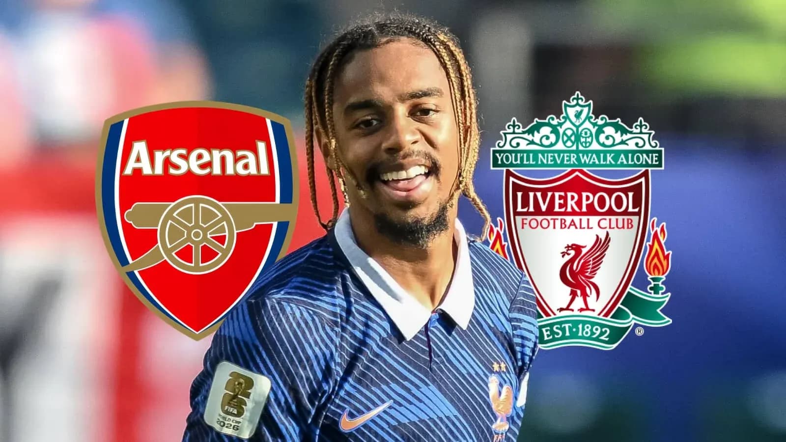 Jugador sonriendo con logotipos de Arsenal y Liverpool Jugador sonriendo con logotipos de Arsenal y Liverpool