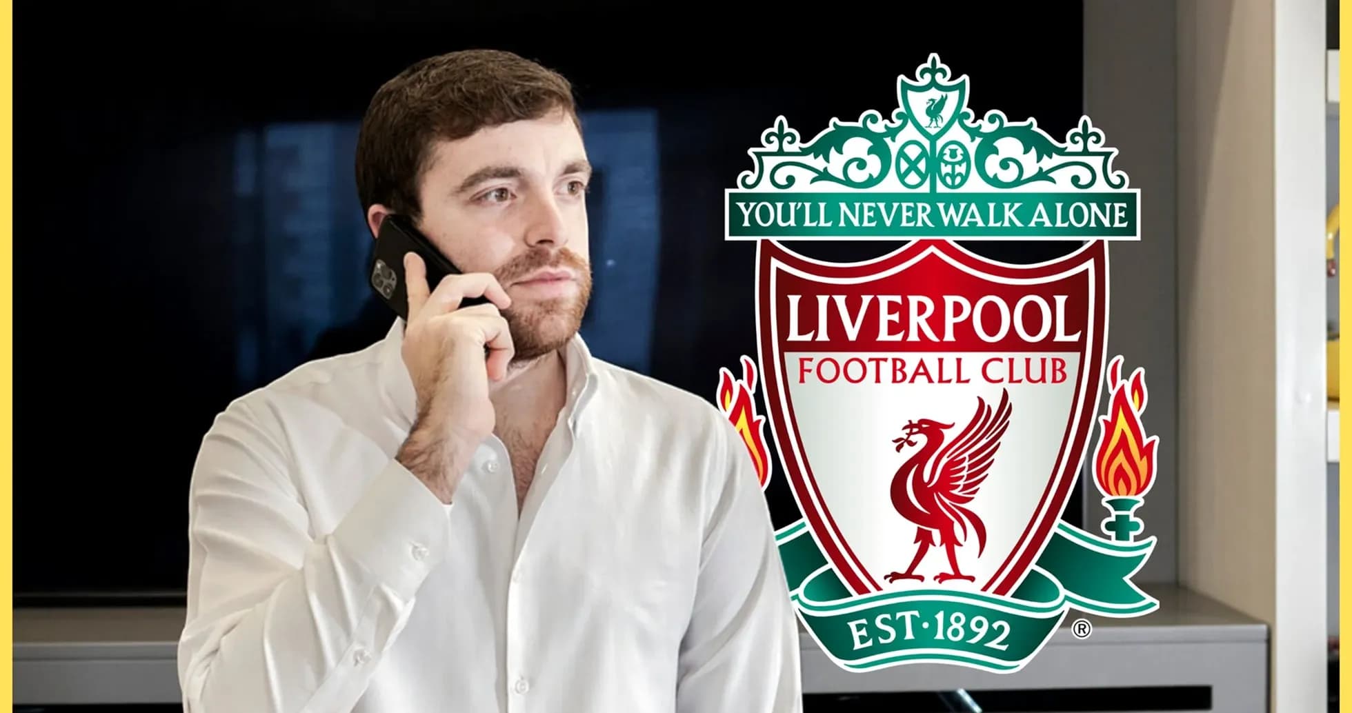 Hombre hablando por teléfono junto al logo de Liverpool Hombre hablando por teléfono junto al logo de Liverpool
