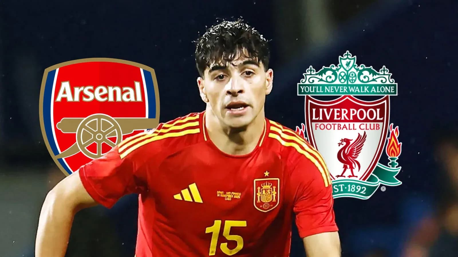 Jugador de España con logos de Arsenal y Liverpool Jugador de España con logos de Arsenal y Liverpool