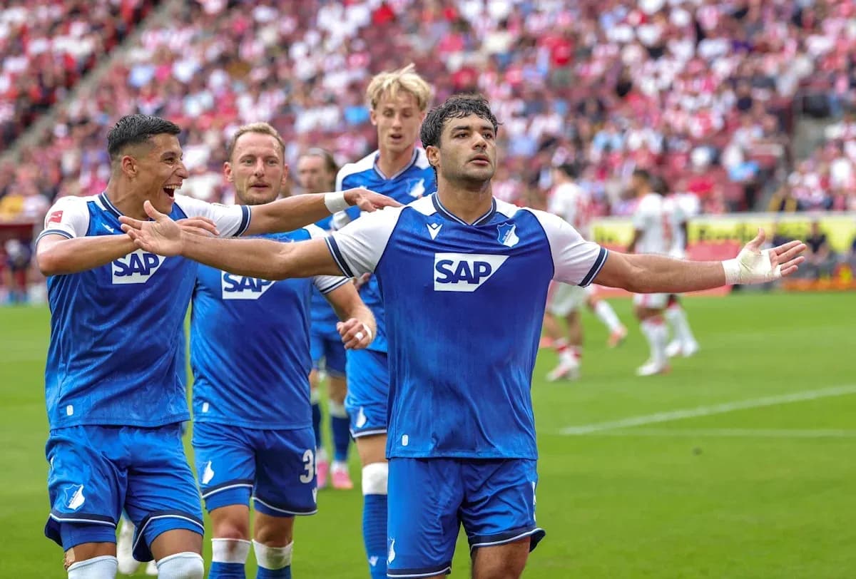Jugadores de Hoffenheim celebrando un gol en el campo Jugadores de Hoffenheim celebrando un gol en el campo