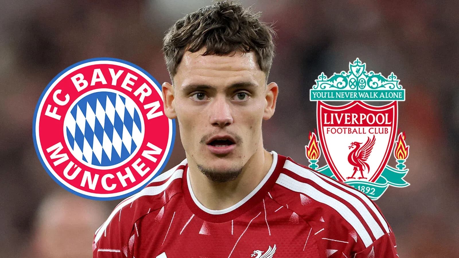Jugador de Liverpool con logotipos de Bayern y Liverpool Jugador de Liverpool con logotipos de Bayern y Liverpool