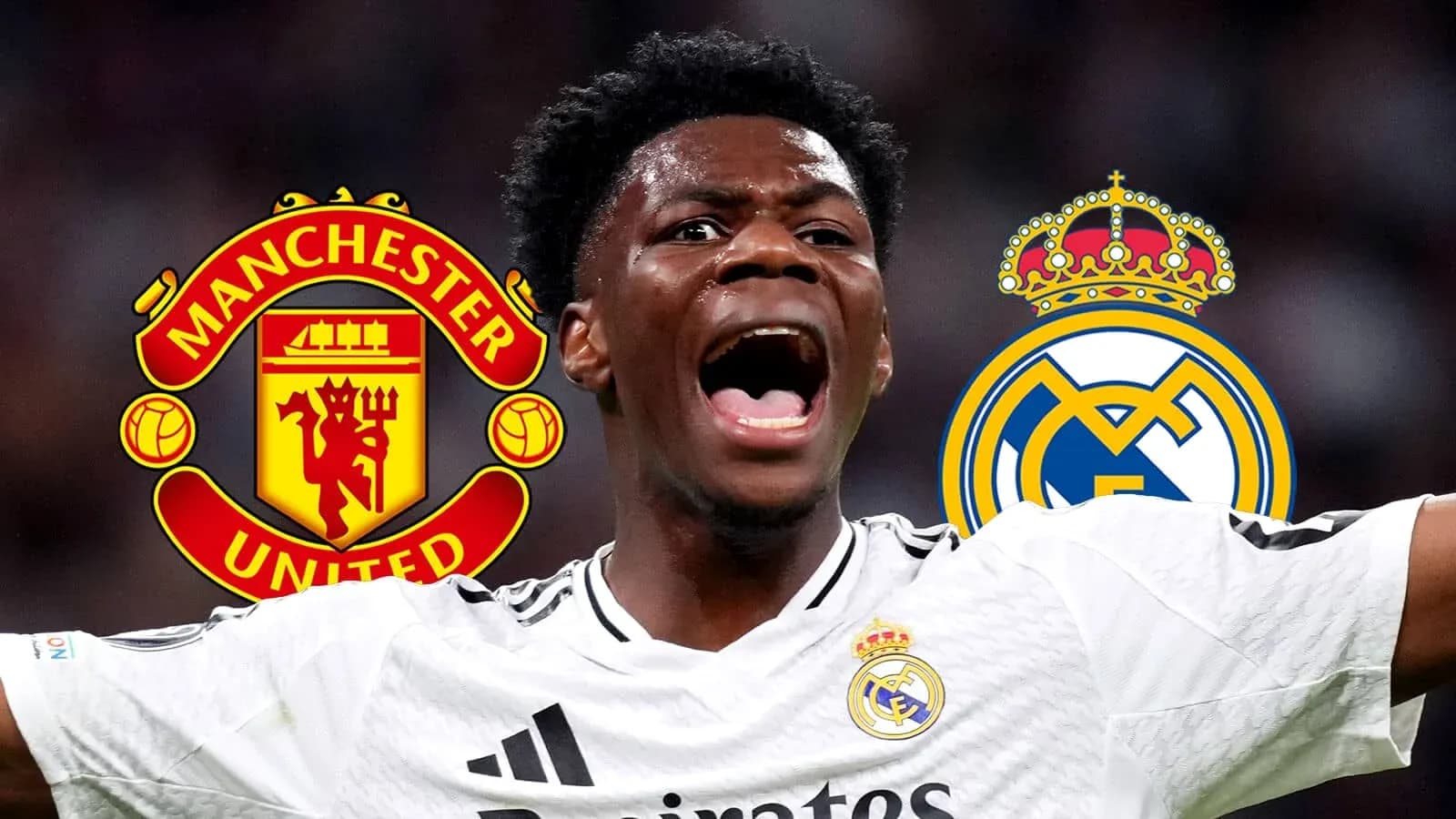 Jugador celebrando con logotipos de Manchester United y Real Madrid Jugador celebrando con logotipos de Manchester United y Real Madrid